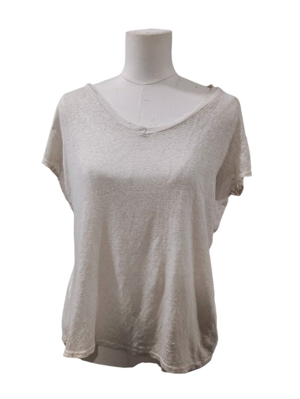 Milio Milano 100% Linen Everyday Relaxed V-Neck Short Sleeve Tee Cream Womens M